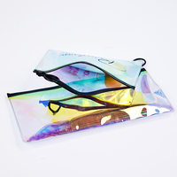 Sacs en plastique holographique rose de luxe, logo personnalisé, sacs d'emballage transparents avec fermeture éclair pour vêtements, pochette en PVC laser irisée
