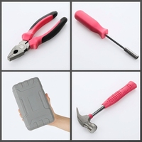 Kit d'outils ménagers en acier au carbone rose, kit de réparation de quincaillerie, pinces, clé à molette, marteau, tournevis, mètre ruban, boîte de rangement en plastique