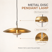 Suspension LED sculpturale en forme de disque doré, style nordique, en laiton brossé, avec douille E26, pour salle à manger, hôtel, îlot de cuisine