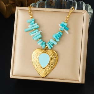 Irregular Blue Pebble Beaded Necklace Gold Plated Heart Pendant Clavicle Chain Daily Party Wear - Product Image 1