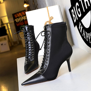 Bottes à talons hauts pour femmes, à lacets, ajourées, à bout pointu, style mode - Product Image 1