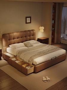 Moderne élégant Caramel nuage guimauve forme en cuir véritable bois massif en acier inoxydable chambre hôtel multi-taille lit de rangement - Product Image 5