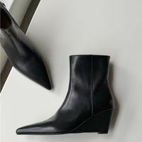 Bottes mi-mollet pour femmes, style italien, en cuir véritable original, avec boucle, talon bloc bas, semelle extérieure en caoutchouc rétro, semelle intermédiaire en caoutchouc
