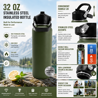 Bouteille d'eau isotherme à double paroi en acier inoxydable de 1,8 L avec couvercle anti-fuite et poignée pour boissons chaudes/froides, sport et voyage
