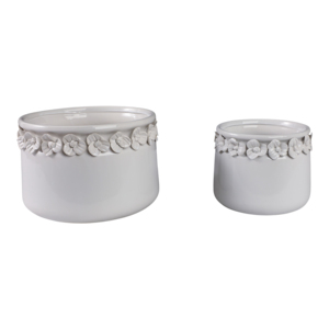 Set di due vasi decorativi in ceramica bianca con applicazioni floreali per interni ed esterni - Product Image 3
