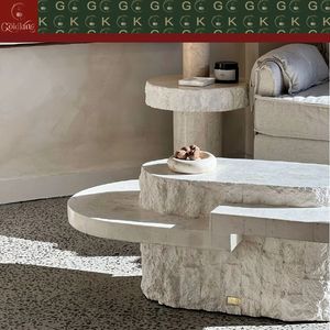 Travertin-Couchtisch Beiger Stein für Wohnzimmer Lounge Maßgefertigt Poliert Organische Form Skulpturales Design - Product Image 5