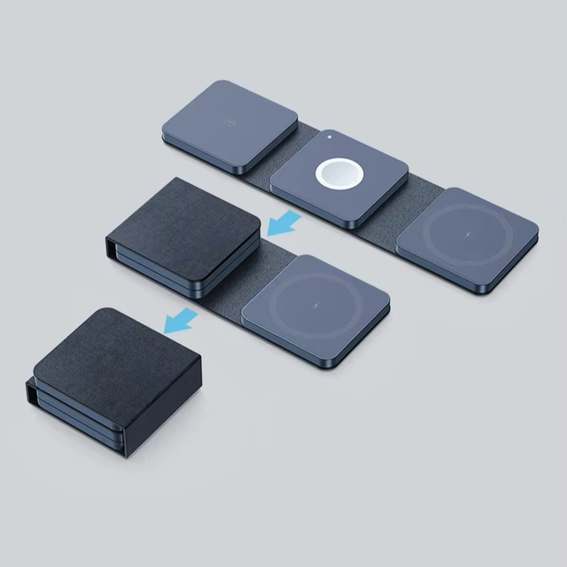 Pocket Size 3-in-1 Magnetic Wireless Charger Foldable 15W Fast Charging Station for Travel Phone Watch Earbuds
