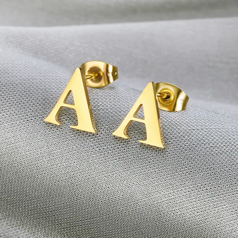 Fashion Costume Trendy 316L Stainless Steel Jewelry IP Gold Plated Alphabet Letter A Stud Earrings For Men Women
