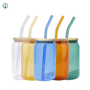 Custom Logo Drinking Glasses 16oz Sublimation Blanks Tumbler Beer Can Glass Mug Borosilicate Glass Cup with Bamboo Lid and Straw