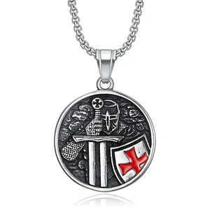 Kalung liontin perisai salib Templar Knights baja tahan karat pria Aksesori Perhiasan mode rantai kalung sesuai grosir