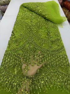 Tessuto in Pizzo Africano di Alta Qualità con Perle e Paillettes, Motivo a Coda di Fenice, 5 Iarde, per Matrimoni e Feste Aso Ebi - Product Image 3