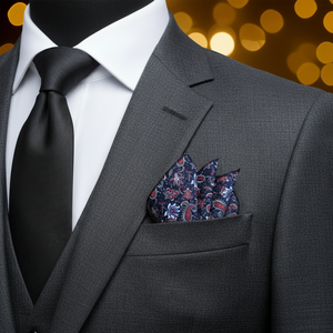 <b>White</b> and Burgundy Floral Print <b>Pocket</b> <b>Square</b> on Navy Blue - Product Image 3