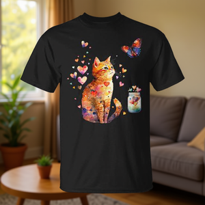 T-shirt chat tigré orange avec motif de cœurs et de papillons pour les amoureux des chats - Product Image 3