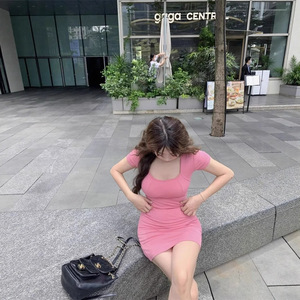 Pure And Alluring Backless Cross Back Short Sleeve Dress For Women Fruit Green Raspberry Pink Black Solid Color Daily Wear - Product Image 3