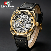 Montre mécanique entièrement automatique pour homme TEVISE, bracelet en cuir, lumineuse, étanche, à cadran ajouré