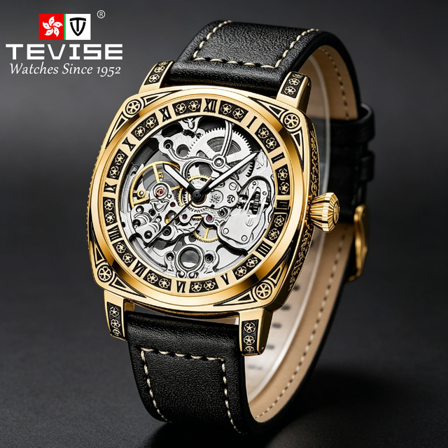 TEVISE Fully Automatic Mechanical Men's Watch Factory Leather Band Luminous Waterproof Hollow Out Watch