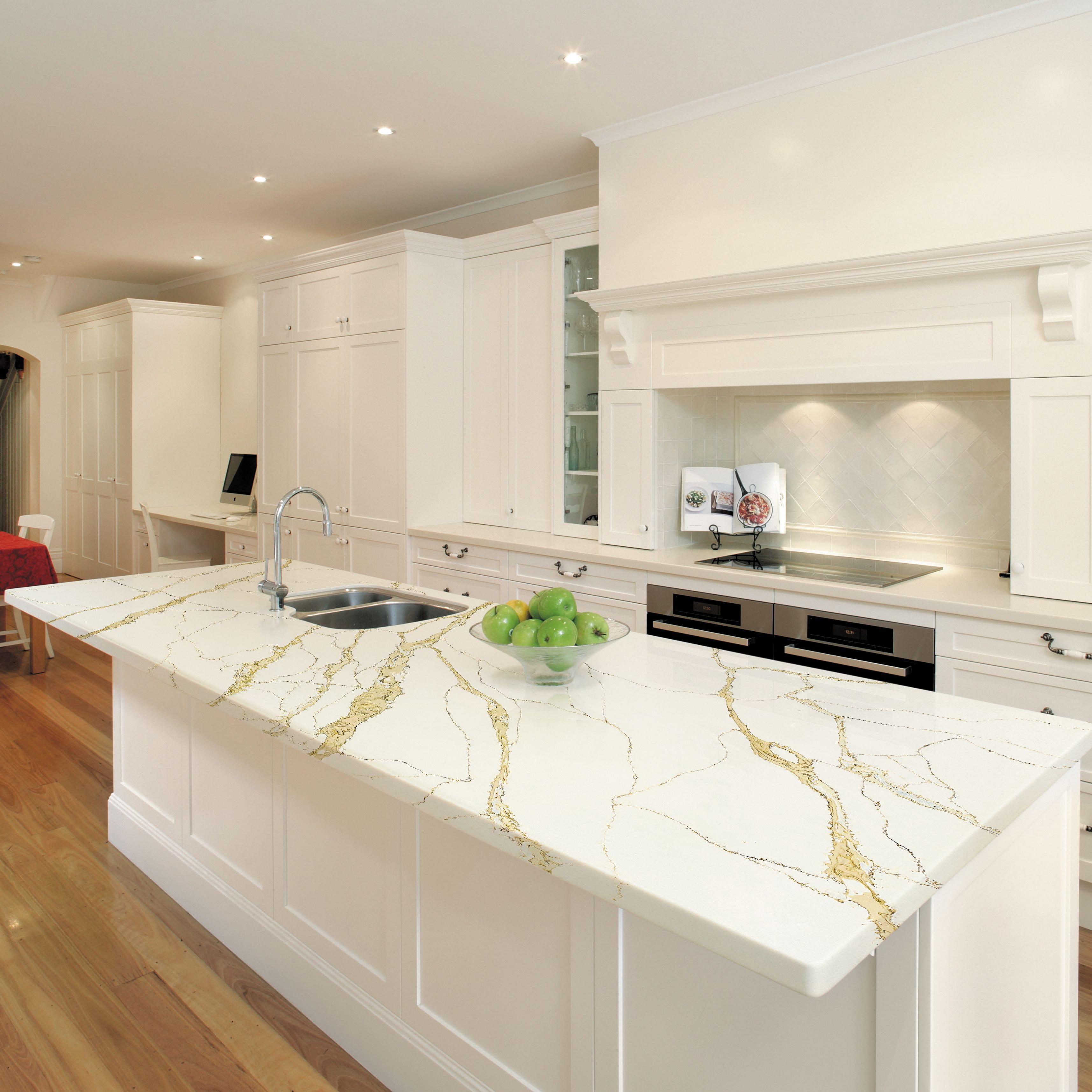Engineered Quartz Stone Calacatta Gold Quartz Countertop Vanity Top Prefab  Houses Kitchen Island