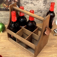 Panier à bière rustique fait à la main pour les fêtes, avec ouvre-bouteille, porte-bouteilles de bière en bois pour 6 bouteilles / Caddy, porte-vin et porte-bière