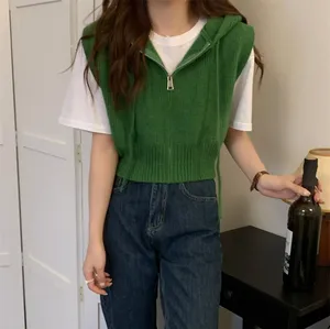 2024 Spring Autumn Women's Casual V-Neck Sweater Vest Solid Color Zipper Hooded <strong>Waistcoat</strong> Knitted Sleeveless Tops Loose Vintage - Product Image 5
