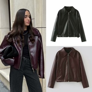 Chaqueta Vintage para <span class=keywords><strong>Mujer</strong></span>, Manga <span class=keywords><strong>Larga</strong></span>, con Cierre, Chaqueta Corta de Cuero Sintético para Otoño e Invierno, Chaqueta Casual con Solapa - Product Image 1