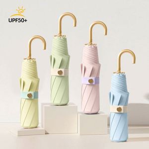 Triple Fold Hand Opening Small Gold Hook Golden Frame Weather Resistant Dual-Use <b>Umbrella</b> for Rain or Sun - Product Image 1