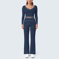 Conjunto de Dos Piezas para Yoga y Ejercicio, Top Corto con Cuello en V y Manga Larga, Pantalones de Cintura Alta y Pierna Ancha, 11 Colores