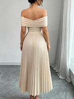 Robe longue beige pour femme, épaules dénudées, corsage froncé, taille haute, plissée, élégante, décontractée, lavable