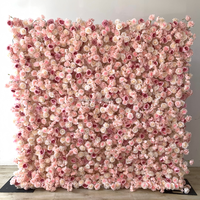 Dekorasi Latar Belakang Bunga Pernikahan Kustom 3D Gulungan Tirai Bunga 8*8 Panel Latar Belakang Dinding Bunga Mawar Sutra Buatan Warna Pink