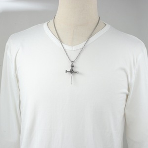 yunnique Stainless Steel Skull <b>Cross</b> Pendant Necklace Men's Hip Hop Fashion Jewelry Geometric Design Retro Style - Product Image 3