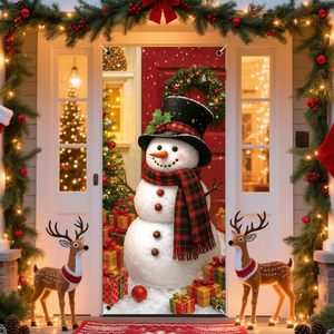 Linda Funda Decorativa para Puerta de Navidad con Muñeco de Nieve, Funda para Puerta con Diseño de Papá Noel, Tela de Fondo para Fiestas Navideñas, Cortina para Puerta - Product Image 1