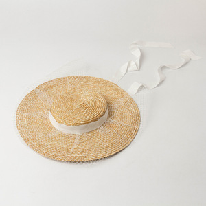 Chapeau de paille court pour enfants avec voile, protection solaire extérieure, en paille de blé, pour la plage, collection Printemps-Été - Product Image 2
