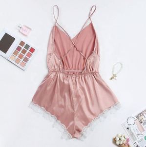 X1622 Factory Supply Lace Edge Pink <strong>One</strong> Piece Pajamas Comfortable Thin Silky and Shiny Sleepwear Daily Home - Product Image 1