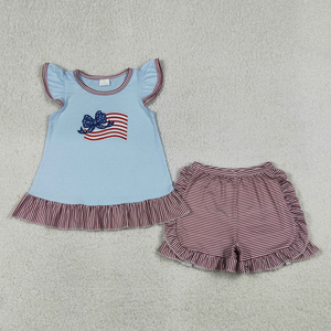 Conjuntos informales a juego para hermanos del 4 de julio, conjunto corto de 2 piezas con apliques de bandera americana y camión para niños y niñas - Product Image 2