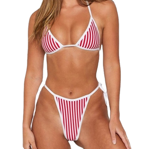 Ensemble bikini rayé pour femme Patch House, haut triangle, bas string, bordure contrastée, maillot de bain 2 pièces - Product Image 1