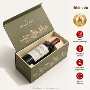 Caja de Regalo para Vino Verde Oliva Personalizada Profesional con Ilustración Dorada, Tapa con Bisagras, Inserto Moldeado, Empaque Individual para Botella - Product Image 1