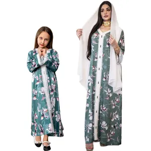 Islam clothing abaya Muslim women family mother and daughter parent-child clothes green print long dress