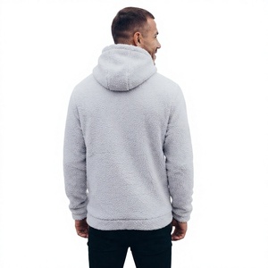 <b>Men's</b> Light Gray Solid Knitted <b>Sherpa</b> Fleece Quarter Zip Pullover <b>Hoodie</b> with Kangaroo Pocket Autumn - Product Image 4