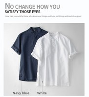 T-shirt Homme Perlé en Coton et Lin à Manches Courtes, Léger, Couleur Unie, Style Chinois Rétro Décontracté, Col Montant, Idéal Été