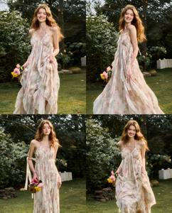 Vestido Largo Informal de Poliéster y Chifón con Estampado de Jardín de la Vía Láctea, Cuello Halter y Cintura Imperio, Personalizable, Modelo A15 - Product Image 2