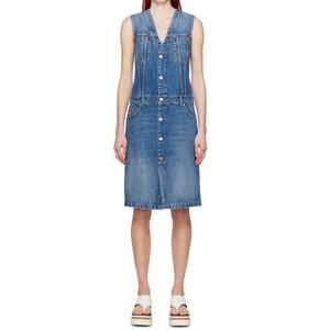 Robe midi en jean pour femme, sans manches, bleu, à empiècements, col en V, fente centrale, fermeture boutonnée, en coton, style mode estivale - Product Image 3