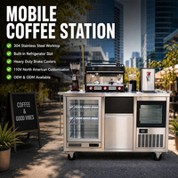 Station de café mobile en acier inoxydable 304 avec évier, réfrigérateur à glace et éclairage LED pour marché extérieur