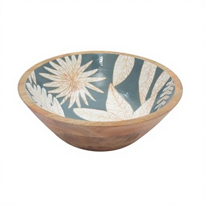 Handcrafted <b>Mango</b> <b>Wood</b> <b>Bowl</b> with Blue Floral Enamel Interior Decorative Wooden Serving <b>Bowl</b> Leaf Design Rustic Home Decor - Product Image 1