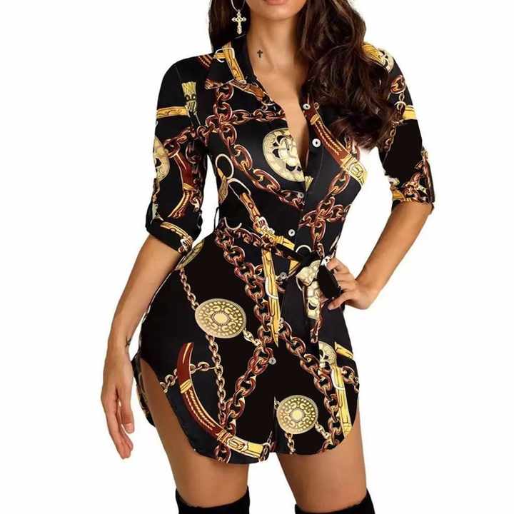 chains print belted casual shirt dress Women Summer Sequined Sweet Button-Up Short Sleeve Mini Dresses Chain Sleek design tapers to size:XS/S Formal dress size-womens-clothing_:6 Black dress, pink jacket