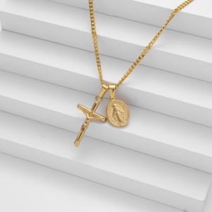 Collar cristiano para hombre, collar con Cruz religiosa de Jesús de acero inoxidable, collar con colgante de Virgen María chapado en oro - Product Image 4