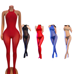 Viviblook Z313JP Mono sexy de una pieza para mujer, con brillo aceitoso, sin costuras, ajustado, transparente, con cuello halter y sin mangas, estilo medias - Product Image 1