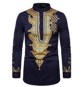 Abbigliamento da uomo africano Slim Fit all'ingrosso camicie musulmane tradizionali da uomo a maniche lunghe stampate dorate blu Navy nere - Product Image 4