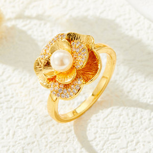 Flower Open <b>Ring</b> Gold Plated Pearl Zircon Micro Set Index <b>Finger</b> Party Jewelry - Product Image 1