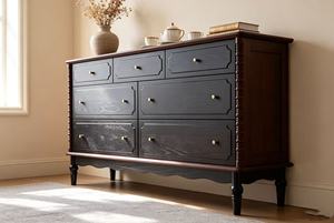 Vintage Black 7-<b>Drawer</b> Dresser, Farmhouse Sideboard with Bobbin Details & Gold Knobs - Product Image 6