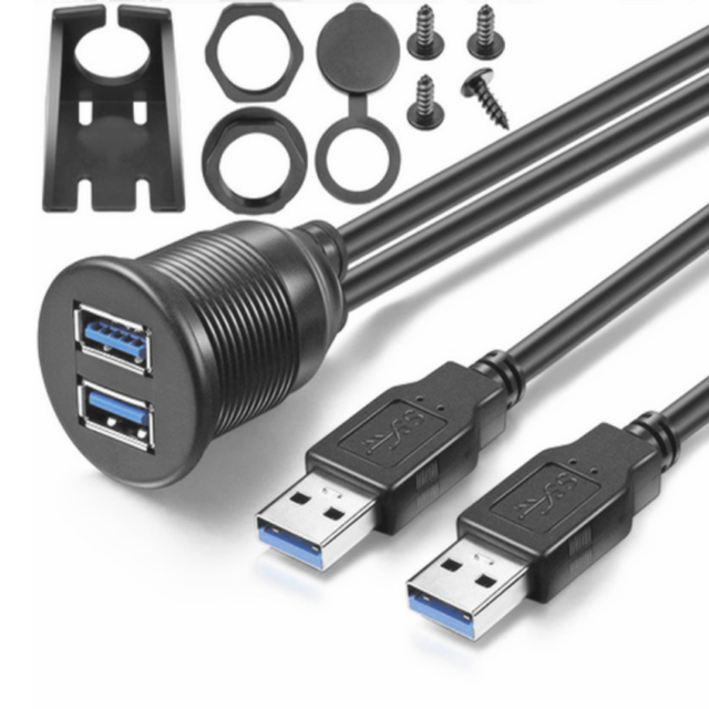 Car Waterproof Dual USB 3.0 Flush Dashboard Dash Panel Mount USB3.0 Extension Cord Cable