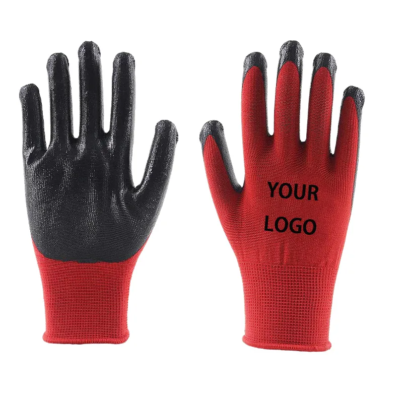 13 Protection des mains pour l'industrie de la construction Gants de travail enduits de nitrile rouges et noirs